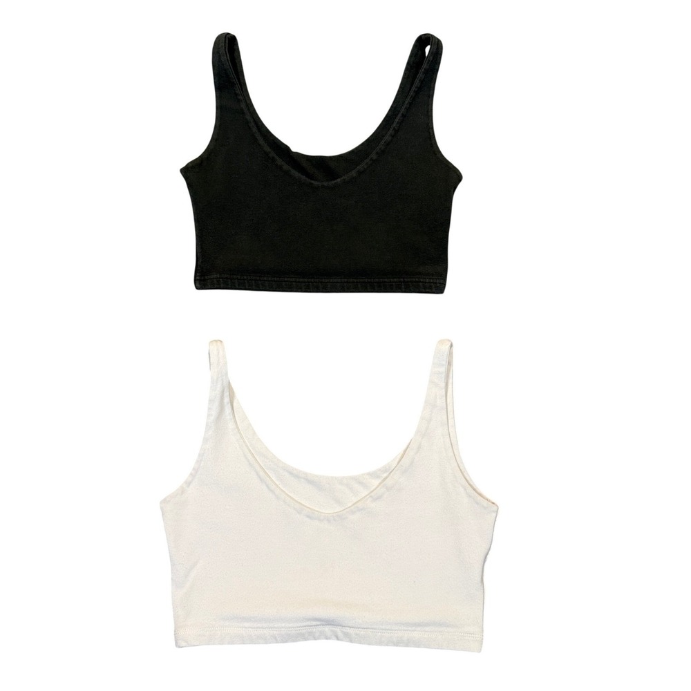Brandy Melville Crop Tank Top Set Womens OS Green White Cotton Scoop Neck Y2K